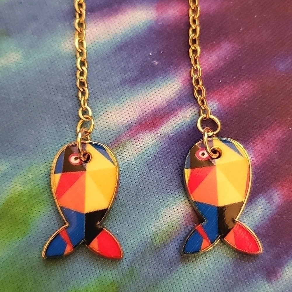 Handmade Lightweight Small Abstract Colorful Fish Dangle Chain Earrings